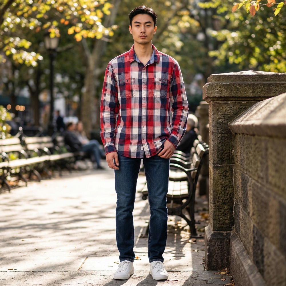 American Rag Plaid Long Sleeve‎ Button Down Shirt Red Blue White Sz L Preppy